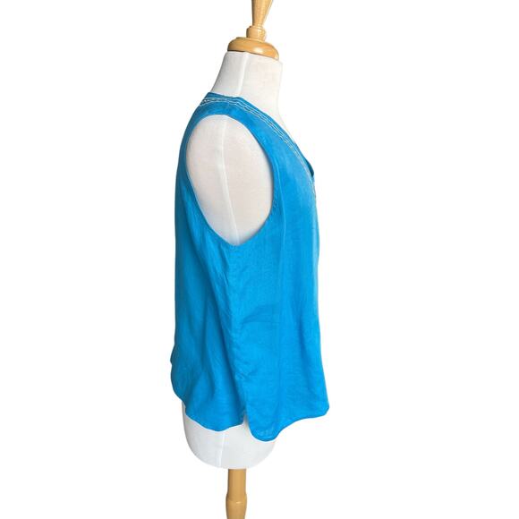 HIHO Tortola Linen Embroidered Sleeveless Top Blue Resort Coastal Scallop Large - Picture 3 of 10